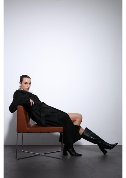 Siyah Kruvaze Süet Görünümlü Premium Kadın Trençkot