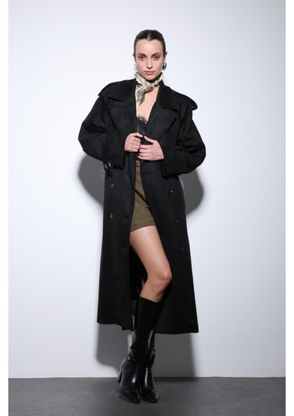 Siyah Kruvaze Süet Görünümlü Premium Kadın Trençkot fiyatları