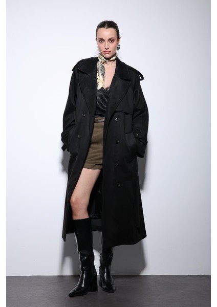 Siyah Kruvaze Süet Görünümlü Premium Kadın Trençkot modelleri