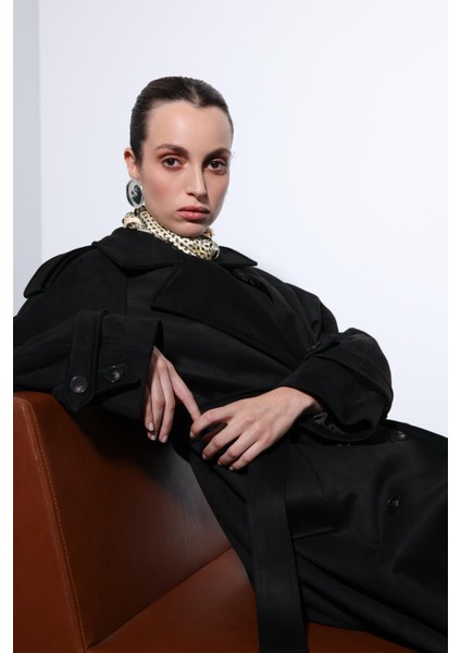 Siyah Kruvaze Süet Görünümlü Premium Kadın Trençkot fırsatları