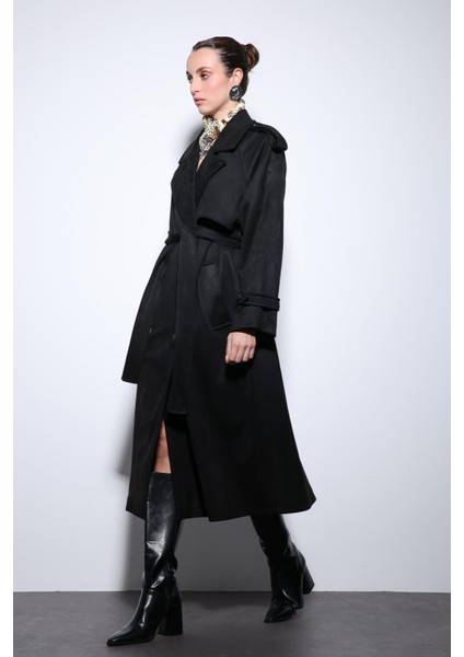 Siyah Kruvaze Süet Görünümlü Premium Kadın Trençkot indirimleri