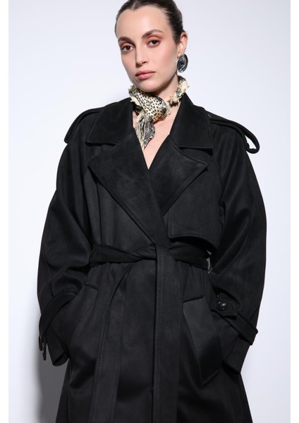 Siyah Kruvaze Süet Görünümlü Premium Kadın Trençkot