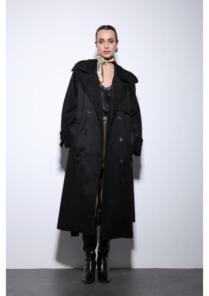 Siyah Kruvaze Süet Görünümlü Premium Kadın Trençkot