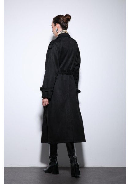 Siyah Kruvaze Süet Görünümlü Premium Kadın Trençkot