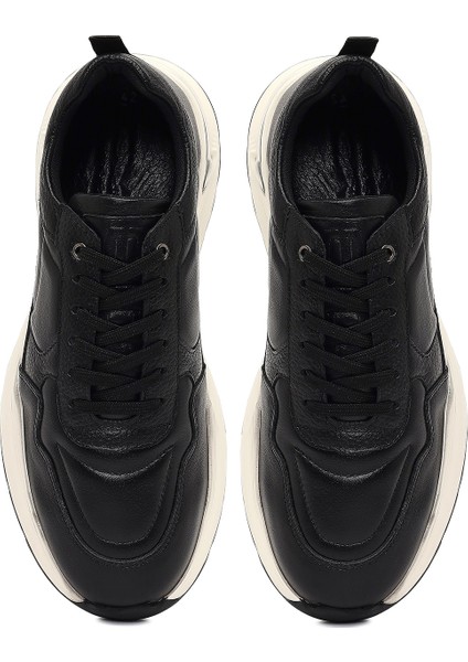 Erkek Siyah Bağcıklı Kalın Tabanlı Deri Sneaker 25WFD675118