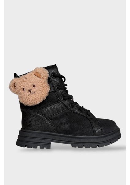 Ayıcıklı Fermuarlı Soğuk Geçirmez Günlük Kız Çocuk Botu Siyah
