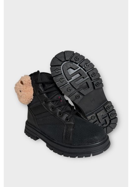 Ayıcıklı Fermuarlı Soğuk Geçirmez Günlük Kız Çocuk Botu Siyah