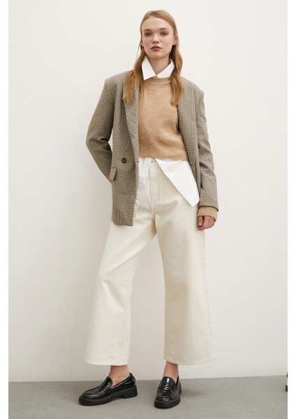 Yüksek Bel Geniş Paça Mom Jean Ekru modelleri