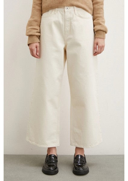 Yüksek Bel Geniş Paça Mom Jean Ekru fırsatları