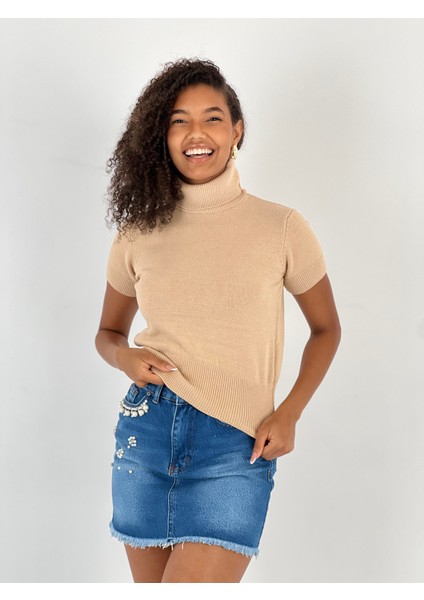 Kadın Kısa Kollu Boğazlı Crop Bej Triko Bluz fırsatları