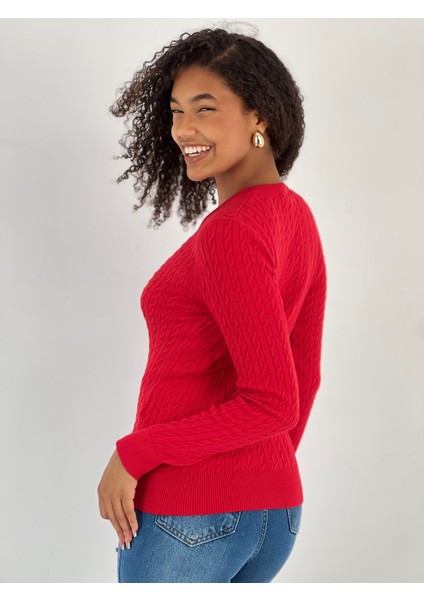 Kadın V Yaka Saç Örgü Desenli Kırmızı Triko Kazak fiyatları