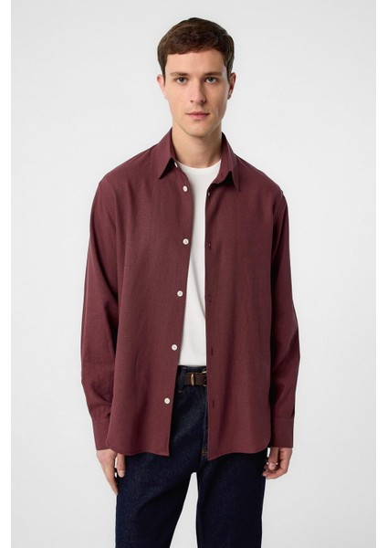 Bordo Relax Fit Keten Karışımlı Erkek Gömlek fiyatları