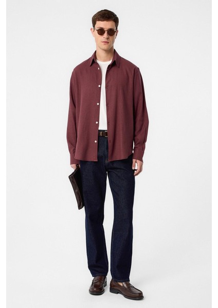 Bordo Relax Fit Keten Karışımlı Erkek Gömlek fırsatları