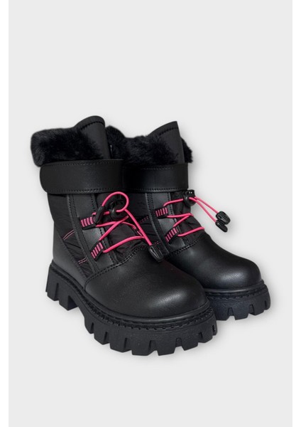 Kız Çocuk Cırtlı Akıllıı Bağcıklı Kürklü Su ve Soğuğa Dayanıklı Bot Siyah - Fuşya modelleri
