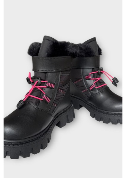 Kız Çocuk Cırtlı Akıllıı Bağcıklı Kürklü Su ve Soğuğa Dayanıklı Bot Siyah - Fuşya fırsatları