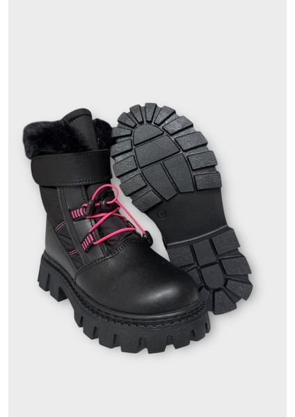 Kız Çocuk Cırtlı Akıllıı Bağcıklı Kürklü Su ve Soğuğa Dayanıklı Bot Siyah - Fuşya