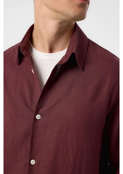 Bordo Relax Fit Keten Karışımlı Erkek Gömlek indirimleri