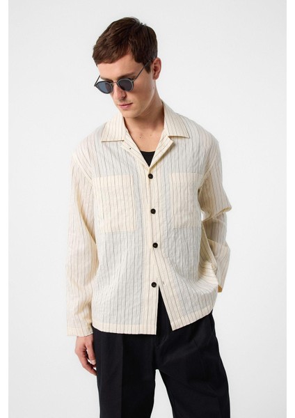 Ekru Modal Kumaş Çizgili Erkek Gömlek