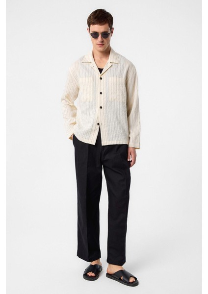 Ekru Modal Kumaş Çizgili Erkek Gömlek fiyatları