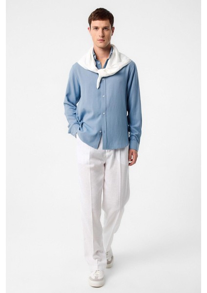 Mavi Keten Karışımlı Yaka Düğmeli Erkek Gömlek fiyatları