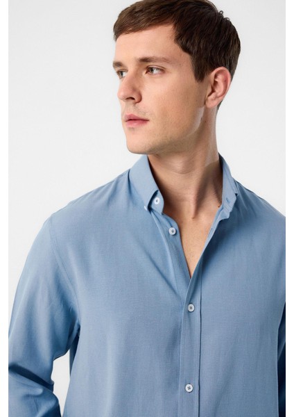 Mavi Keten Karışımlı Yaka Düğmeli Erkek Gömlek modelleri
