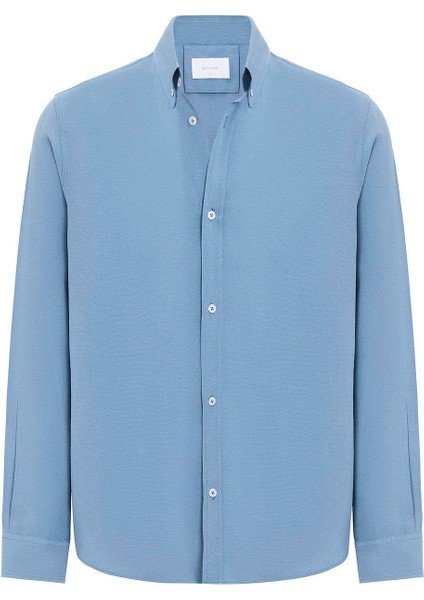 Mavi Keten Karışımlı Yaka Düğmeli Erkek Gömlek indirimleri