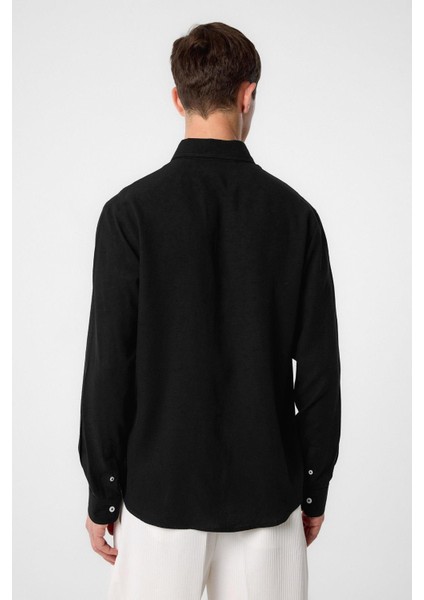 Siyah Keten Karışımlı Yaka Düğmeli Erkek Gömlek fırsatları