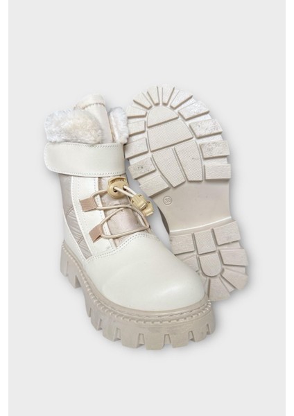 Kız Çocuk Cırtlı Akıllıı Bağcıklı Kürklü Su ve Soğuğa Dayanıklı Bot Bej