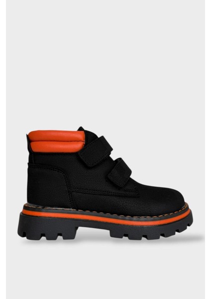 Çift Cırtlı İçi Polarlı Kaydırmaz Taban Çocuk Bot SİYAH - TURUNCU