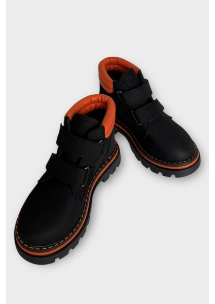 Çift Cırtlı İçi Polarlı Kaydırmaz Taban Çocuk Bot SİYAH - TURUNCU fırsatları