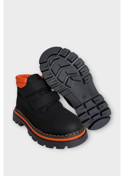 Çift Cırtlı İçi Polarlı Kaydırmaz Taban Çocuk Bot SİYAH - TURUNCU
