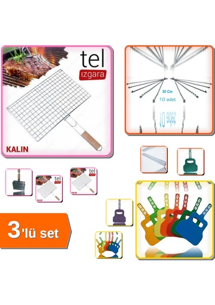 Piknik & Izgara Paketi 10 Adet Kebap Şişi + Yelpaze + 36X23 Tel Izgara Z9M2XB