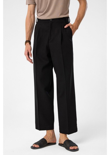 Siyah Yüksek Bel Pileli Relax Fit Erkek Pantolon
