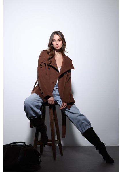 Kahve Dik Yaka Kruvaze Kadın Kaban fiyatları