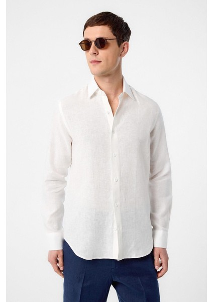 Ekru 100% Keten Comfort Fit Erkek Gömlek