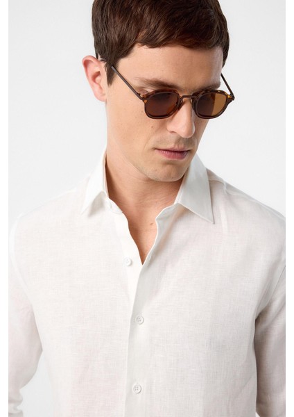Ekru 100% Keten Comfort Fit Erkek Gömlek fırsatları