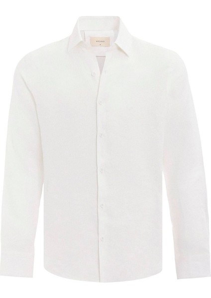 Ekru 100% Keten Comfort Fit Erkek Gömlek