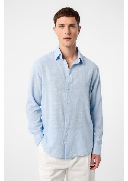 Mavi Relax Fit Dokulu Erkek Gömlek