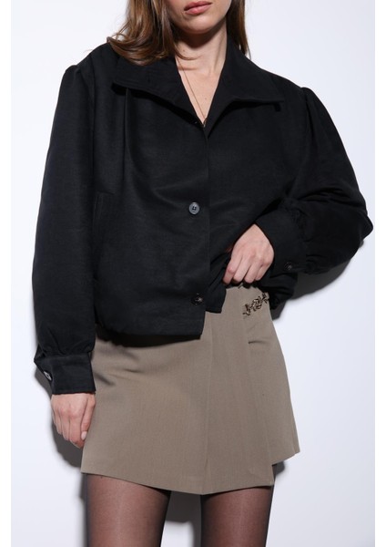 Siyah Süet Görünümlü Bomber Kadın Ceket