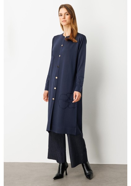 Çiçek Desenli Uzun Triko Hırka-Lacı