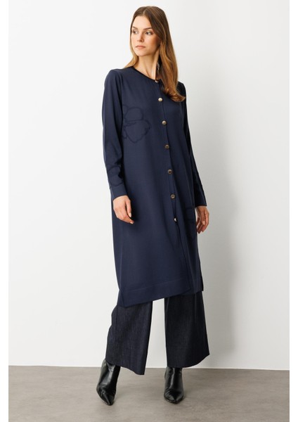 Çiçek Desenli Uzun Triko Hırka-Lacı