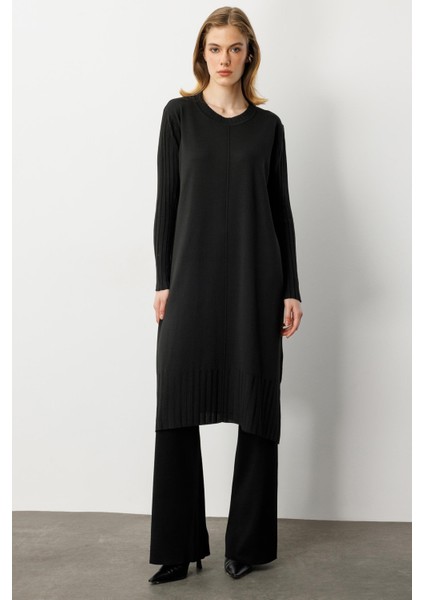 Ribana Detay Yırtmaçlı Triko Tunik-Siyah