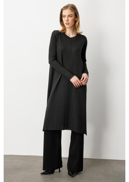 Ribana Detay Yırtmaçlı Triko Tunik-Siyah modelleri