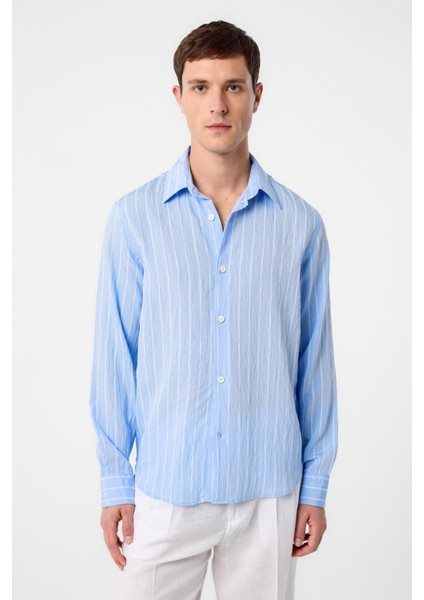 Bebe Mavi Relax Fit Çizgili Erkek Gömlek