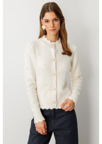 Boncuk Detaylı Triko Hırka-KREM fiyatları