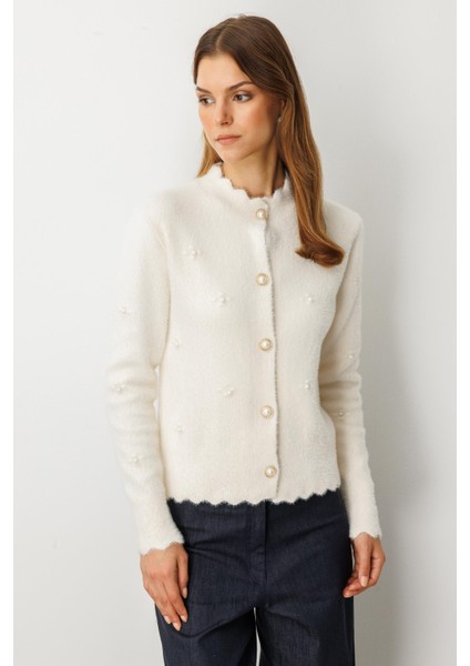 Boncuk Detaylı Triko Hırka-KREM indirimleri