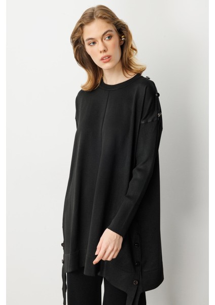 Büyük Beden Düğme Detaylı Triko Tunik-SİYAH fiyatları