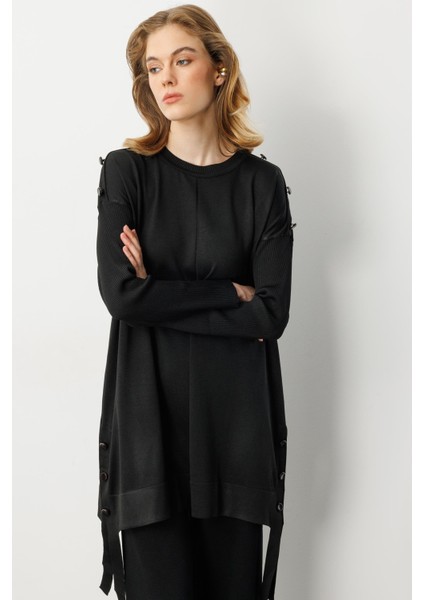 Büyük Beden Düğme Detaylı Triko Tunik-SİYAH modelleri