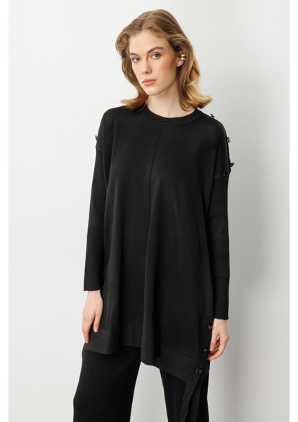 Büyük Beden Düğme Detaylı Triko Tunik-SİYAH fırsatları