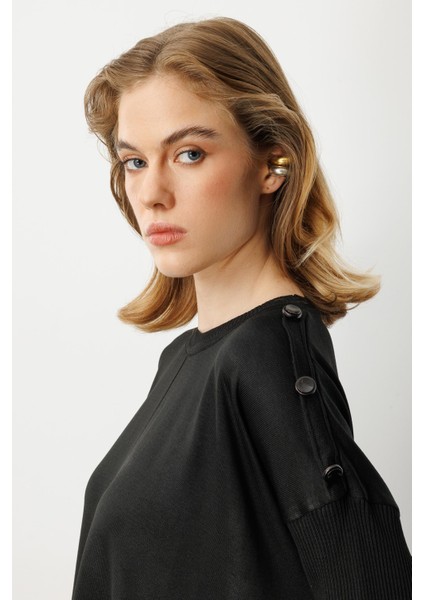 Büyük Beden Düğme Detaylı Triko Tunik-SİYAH indirimleri